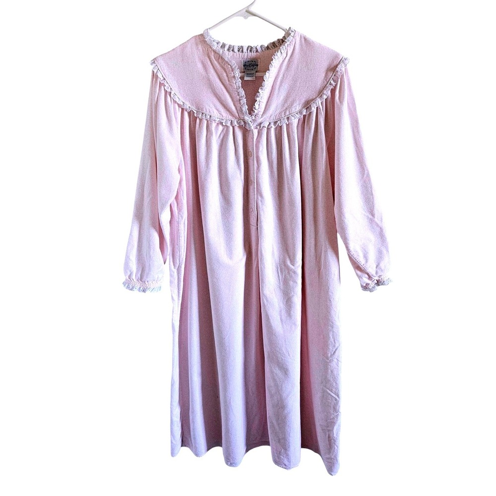 Lanz of Salzburg Pink Cotton Flannel Nightgown Eyelet Lace Ruffle Trim Medium